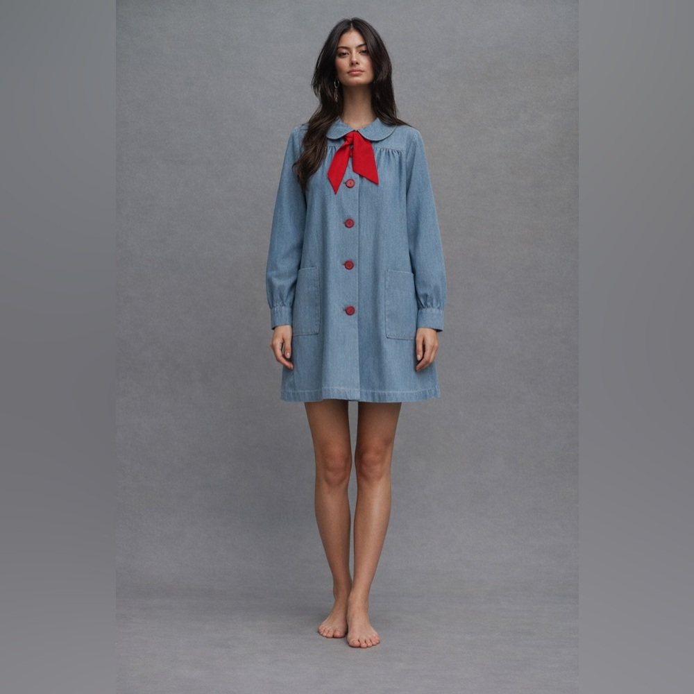 Rare Vintage Wayne Maid 1950s-1960s blue denim smack jacket with red bow.